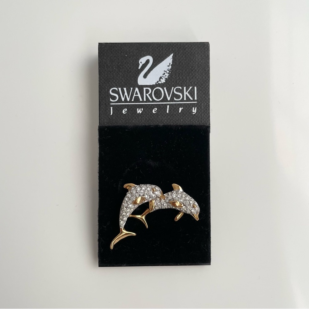 Swarovski Crystal Twin Dolphin Gold Pin